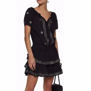Boston Proper Black Popover Dress Embellished Boho Ruffle Tier Womens Size XS